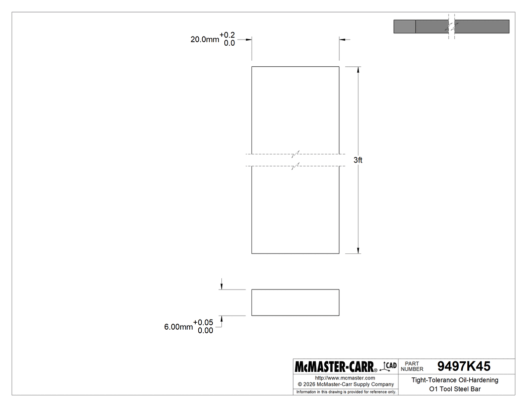 Technical Drawing of Tight-Tolerance Oil-Hardening O1 Tool Steel Bar, 6 mm Thick, 20 mm Wide, 3 Feet Long.